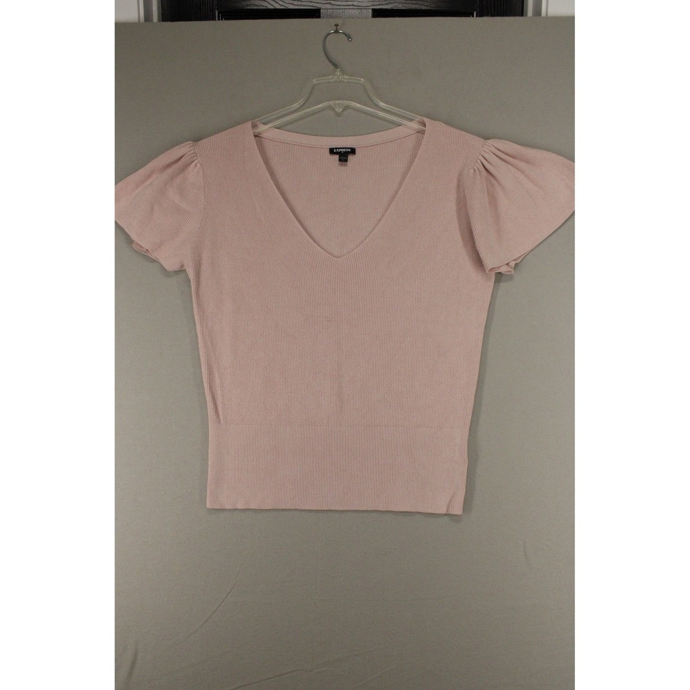 Express Sweater Top V-Neck Womens Large Pink Rayon Ribbed Flutter Sleeve Preppy